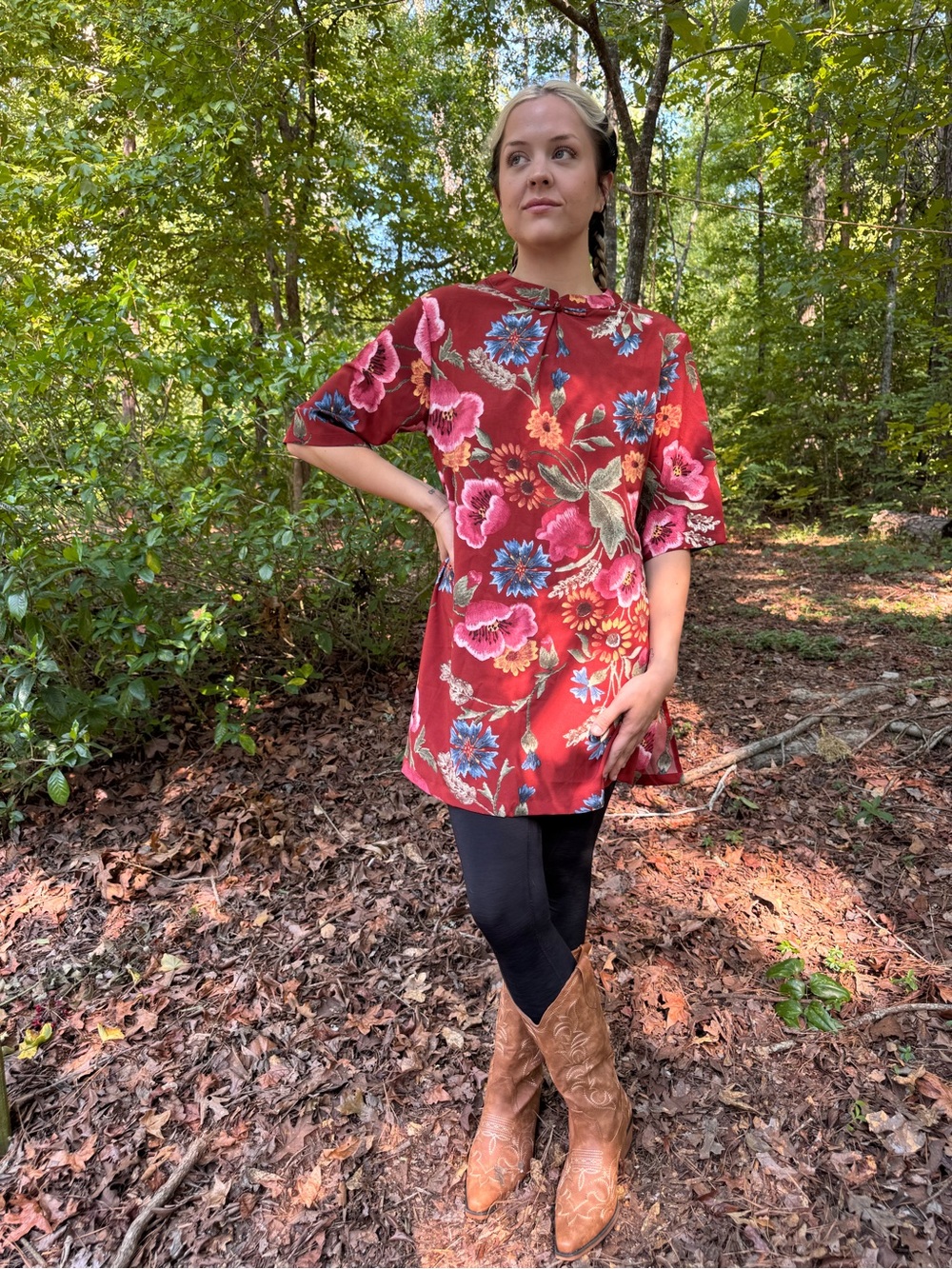 Floral Red Short-Sleeve Tunic with Botanical Print